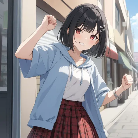 1 girl, solo, short black hair, bob cut, (hairpin, bangs parted in center), red eyes, smiling, checked skirt, oversized blue hoodie jacket, silver bracelet, raised fist, outdoors, shopping street, masterpiece, top quality, very aesthetic, high detail, high...