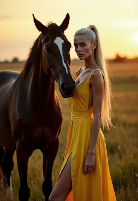 Ultra Realistic photography, model,woman. very pretty, White harre ponytail . beautiful blonde sorceress,  blue yellow dress , leg-slit , Deep V-neck standing next to a black horse in the fields at sunset 