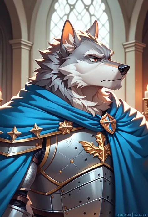 Best Quality , masterpiece, Ultra High Resolution , Detailed Background, actual , True light and dark, photo depth, Single person focus,(full bofy picture:1.1),(furry male), ( grey wolf furry ), Sexy body, ((ornate silver armor:1.4)),((medieval knight armo...