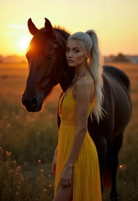 Ultra Realistic photography, model,woman. very pretty, White harre ponytail . beautiful blonde sorceress,  blue yellow dress , leg-slit , Deep V-neck standing next to a black horse in the fields at sunset 