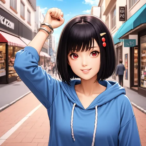 1 girl, solo, short black hair, bob cut, (hairpin, bangs parted in center), red eyes, smiling, pink checked skirt, oversized group blue hoodie jacket, silver bracelet, raised fist, outdoors, shopping street, masterpiece, top quality, very aesthetic, high d...