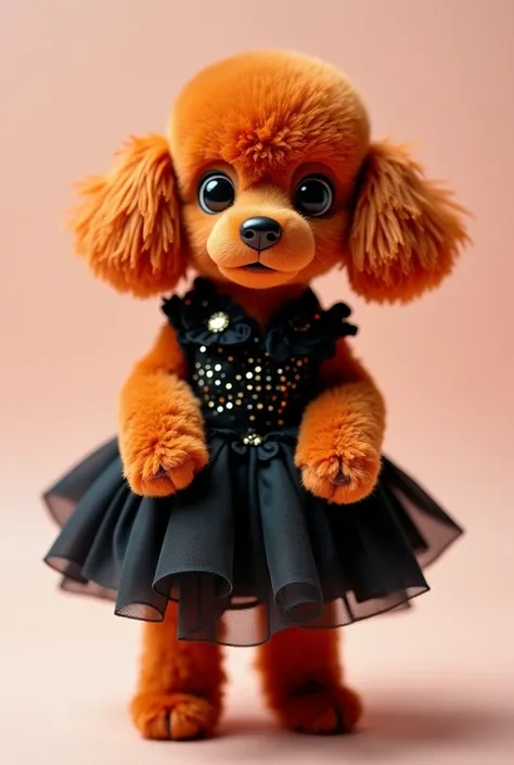 "A cute red toy poodle with big round eyes, standing upright in a bipedal position on its hind legs while wearing a black dress costume. The outfit features a glamorous Takarazuka-style hoop dress with an elegant black design, adorned with sparkling sequin...