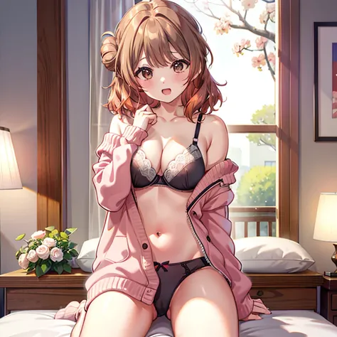 (( highest quality))、(( Masterpiece))、( Details)、( ultra high resolution)、Hanami plum 、
 Hair、 gradation hair streaming on youtube、stupid hair、 single bun hair、 half up、 dull bangs、 medium hair、 brown eyes、 very big breasts、
((( in underwear、 bra、 panties)...