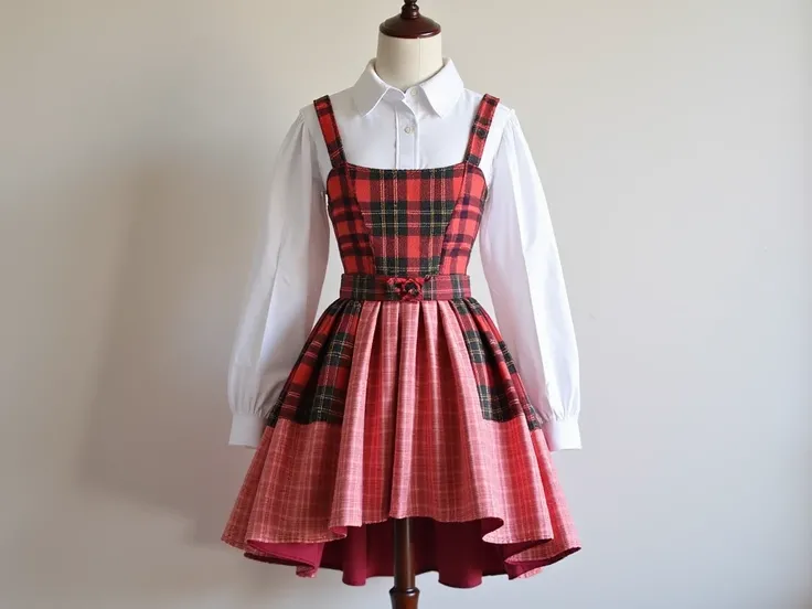 seven idol girl costumes with "different details", featuring high low skirt with coral red plaid pleated patterns and patchwork fabric. The fitted bodice includes plaid accents, a belted waist, and a white collared top. Displayed on a mannequin against a p...