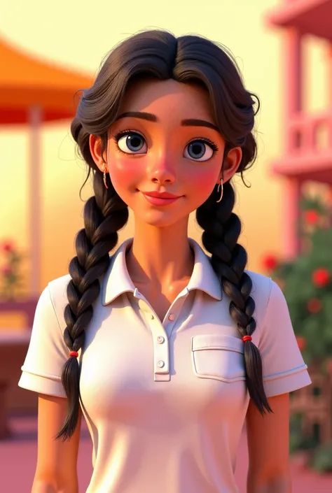 One of more or less 18 years of age,  woman with long braided hair ,  bluish brown eyes ,  dressed in a white GOLO POLO with a breast pocket, Pixar style image