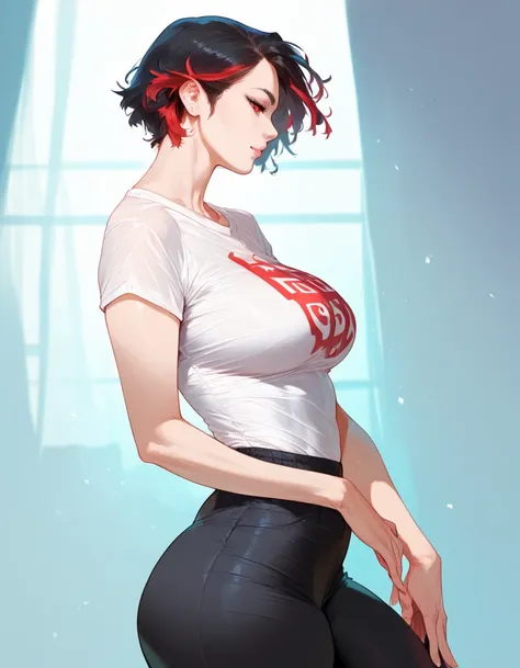 mixed_artstyle, 1 girl, Alone, hands, Asian, short black t-shirt, black pants, short black hair with red highlights, red eyes, realistic, textures, 8K, perfect hand, perfect anatomy, Profile, visible curves, Breasts,