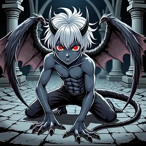  Anime Style，Two  young boys， Both men's hairstyles are slightly split caps ，short hair， White Hair， They both have black devil horns and wings, Their skin has turned gray all over their bodies ，Eyes are red ，Ching Xiu's face ， Volumizing Voluminous natura...