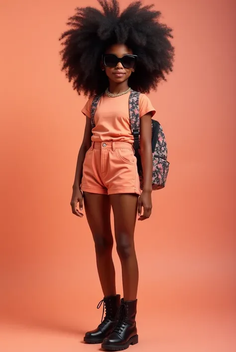 A black  girl with Afro pops in a cute peach outfit with black boots and dark shades and a cute backpack 