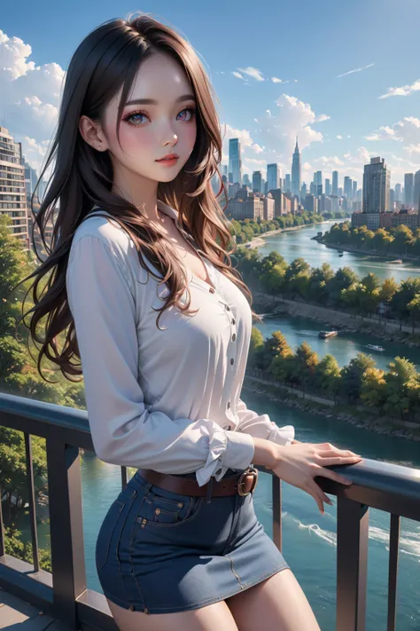 beauty  woman, at public park, leaning against railing, building and river on background, BREAK, (forehead, dark-brown long hair, white cap), BREAK, ((dark denim long sleeves jacket), (undershirt : white short sleeves blouse), pastel dark-blue pencil mini ...