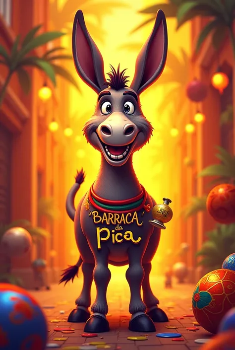 Make an art for a drink sign for Carnival with the name “Barraca da Pica” with a donkey on it, With very fun colors in orange tones 