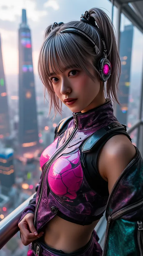 ultra-realistic, photorealistic, dramatic scene, shadow, global-illumination, solo, (age Japanese famous idol girl:1.5), very beautiful muscular Japanese girl, very beautiful with very cute but boyish cool face, (wearing a cyborg styled cyber punk colorful...