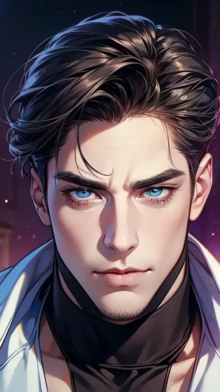 (  stupid,4K,8k,  highres,  masterpiece:1.2),  ultra-detailed,(realistic,photorealistic,photo-realistic:1.37),36-year-old man,3 day beard,cute anime ,Portraits,strong,Masculine,  dark hair,sharp jaw,    mesmerizing eyes    ,  perfectly combed hair,  cool a...