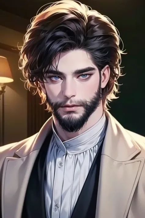 (  stupid,4K,8k,  highres,  masterpiece:1.2),  ultra-detailed,(realistic,photorealistic,photo-realistic:1.37),  30-year-old male,3 day beard,cute anime ,Portraits,strong,Masculine,  dark hair,sharp jaw,    mesmerizing eyes    ,  perfectly combed hair,  coo...