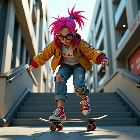   Street Girl  ,   wearing glasses、    pink hair、    on a staircase with little traffic   、 skateboarding、  cyberpunk、skateboarding tricks、