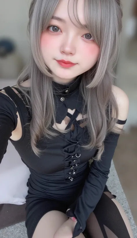 highest quality、 Masterpiece、 RAW Photo 、 film grain 、8k、 ultra high resolution、 very cute girl 、Albino Girl、Pale face_eye_lips、Black Lips、Highly detailed eyes and face、 gray hair:1.37、 French Braid :1.48、 pale skin on a street car、Light-pigmented eyes、 g...