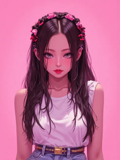 jennie kim, a pink girl with 1,60 tall, black braids in hair and a normal body Braids all over hair ,as if they had been placed But they are loose not attached