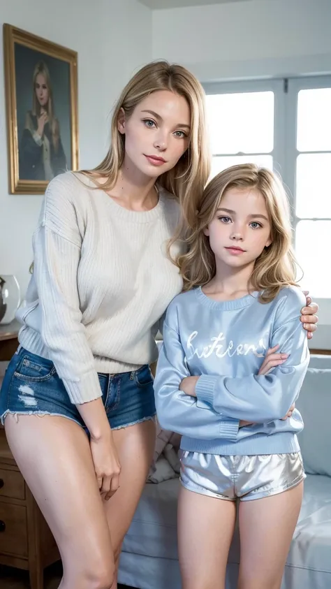 (   A beautiful woman ,  50 years old, com     blond hair and face with soft European features     ,   wearing a short sweater    ) , (alongside her daughter    ,  a beautiful 18-year-old girl,      blond hair and face with soft European features     ,   w...