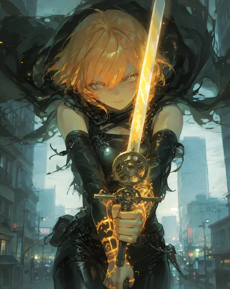  A demon hunter girl with sparkling orange hair, her silver eyes radiating a bleak light, wearing a hunter costume designed specifically for hunting, with a black leather cloak and a sacred metal-coated sword in her hand, she stood atop a city building fil...