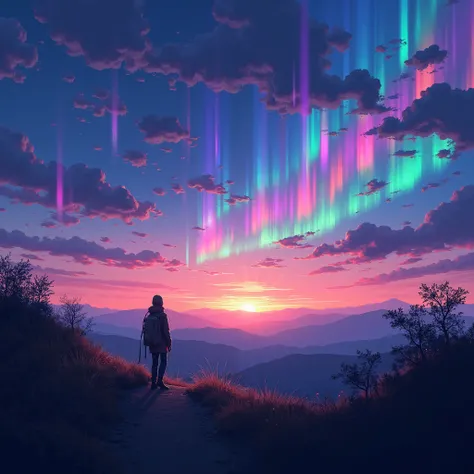 Many colors streak sky to the East, rise, then repeat, Dreamyvibes Artstyle, great lighting, Rim Lighting, bioluminescent, glowing