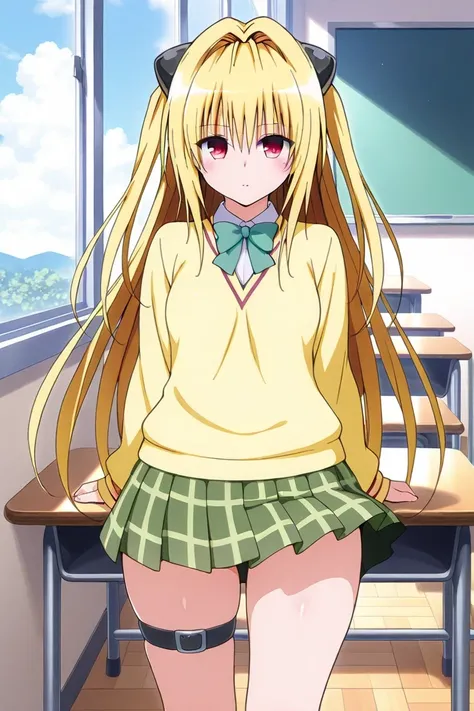 love-ru , konjiki na yami,  1girl, , bright yellow hair,  Masterpiece ,  yellow sweater, , Green checkered skirt, one black leg strap,  top quality ,  excellent quality,  front view , holds on to the skirt with his hands, the wind lifts the skirt, view in ...