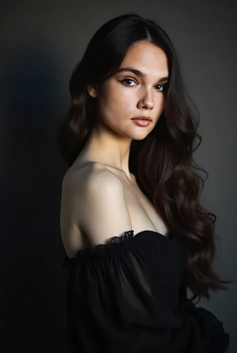 a woman with long black hair and a black dress posing for a picture, with pale skin, monia merlo, soft portrait shot 8 k, 🤤 girl portrait, portrait soft light, soft light from the side, by Elizabeth Polunin, a stunning young ethereal figure, by irakli nada...