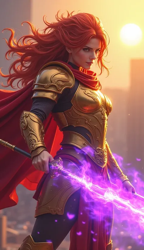  He wears lion-inspired golden armor々, the female anime warrior、 A burning spear with ultra-realistic purple flame texture and intricate details on golden armor shining under the shining sun ,  Leaves a trail of shining purple flame  . His fiery hair flows...