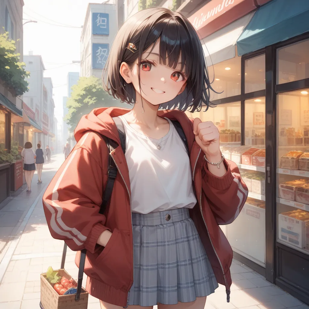 One girl, solo, short black hair, bob cut, (hairpin, bangs parted in the center), red eyes, smiling, light blue checked skirt, oversized red-brown hoodie jacket, silver bracelet, raised fist, outdoors, shopping street, masterpiece, top quality, very aesthe...