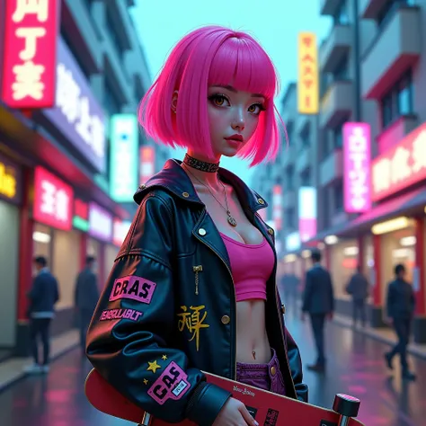  beautiful street girl  ,      bob hair、  idol、    Asian、    pink hair、       holding a skateboard      、    skateboarding、     cyberpunk、   skateboarding tricks、