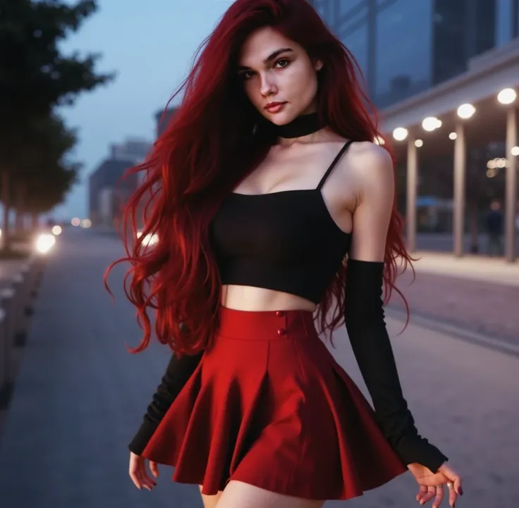 a close up of a woman with red hair wearing a skirt, redhead girl, red hair girl, with long red hair, red hues, red waist-long hair, vibrant red, colorful with red hues, red color, red colored, red hair, black and red tones, dark red color, fiery red, dark...