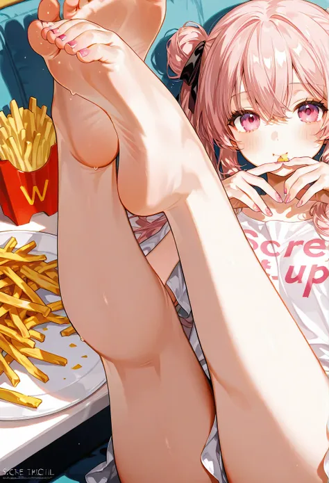 European feet,  with French fries, Show only the feet, CARE, beautiful, gently painted nails in a light pink color (Show a closed frame only by showing your feet up close)