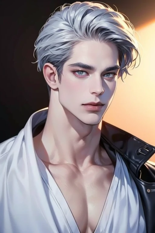 (  thong,4K,8k, highres, masterpiece:1.2), ultra-detailed,(realistic,photorealistic,photo-realistic:1.37),36-year-old man,3 day beard,Cute anime ,Portraits,strong,Masculine, dark silver hair ,sharp jaw,  mesmerizing eyes  , perfectly combed hair, cool anim...