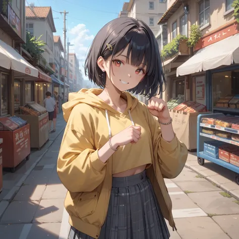 One girl, solo, short black hair, bob cut, (hairpin, bangs parted in center), red eyes, smiling, light blue checked skirt, oversized yellow hoodie jacket, silver bracelet, raised fist, outdoors, shopping street, masterpiece, top quality, very aesthetic, hi...