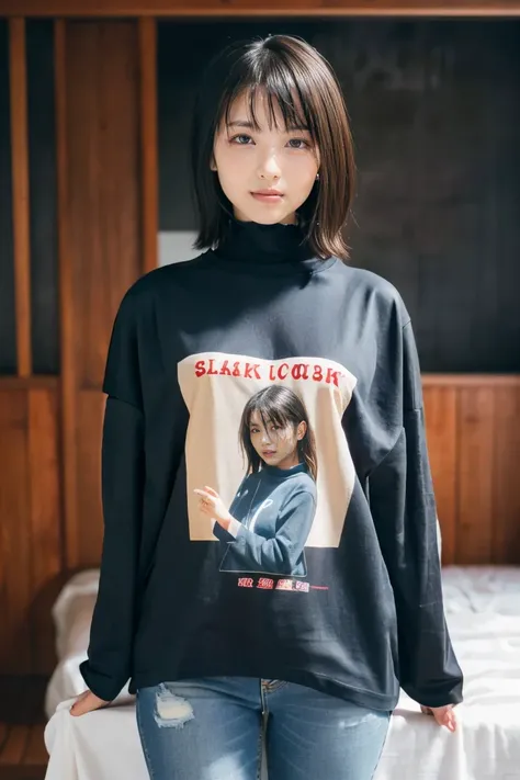  cowboy shot, 
break, 
((Plain oversized long sleeve T-shirt:1.2)),  
break,  big breasts，
  viewers, Japanese female college student, ( one woman:1.2),   she's so beautiful  ,  growing skin,  perfect face,   cute and symmetrical face  ,  turtleneck sweate...