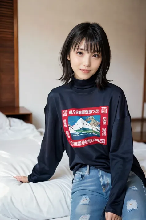  cowboy shot, 
break, 
((Plain oversized long sleeve T-shirt:1.2)),  
break,  big breasts，
  viewers, Japanese female college student, ( one woman:1.2),   she's so beautiful  ,  growing skin,  perfect face,   cute and symmetrical face  ,  turtleneck sweate...