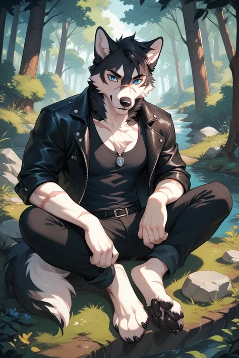 An anthro husky with black fur With blue eyes with scars on his, chest and face and wearing a black tank top with black pants and wearing a black leather jacket Having his paws out sitting on a rock having his arms on his legs in a forest