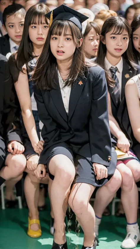 Female teacher urinates、  female teacher pees at graduation ceremony  、 Urinary incontinence、  pee  、  lots of pee 、Female teacher's hall 々 looking at viewers with an arrogant expression  、from below、  staring at the audience 、  black suit 、  black miniski...