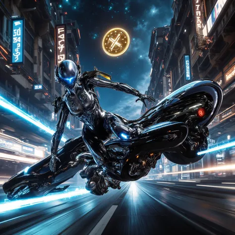 This high-octane showcase presents a sophisticated, featureless, sleek alien immersed in a Fast & Furious-inspired cosmic street race. Its exoskeleton shimmers in polished chrome, deep midnight black, and neon-accented hues, complementing its high-performa...