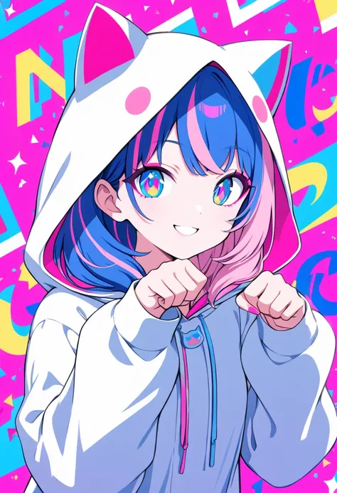 Pop Art, Perfect hands, (((upper body))), One girl, solo, cute, makeup, subtle and dynamic, rim light, (((pink hair, blue streaked hair))), iridescent eyes, Cat Costume, Wearing a hood, (pop art), Colorful background, paw pose, smile, AIU Mix, Purple and p...