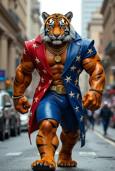 A very big muscular anthropomorphic tiger, dressed in a flamboyant red and blue USA flag outfit with gold accessories, walks confidently down a city street The background features luxury building architecture.