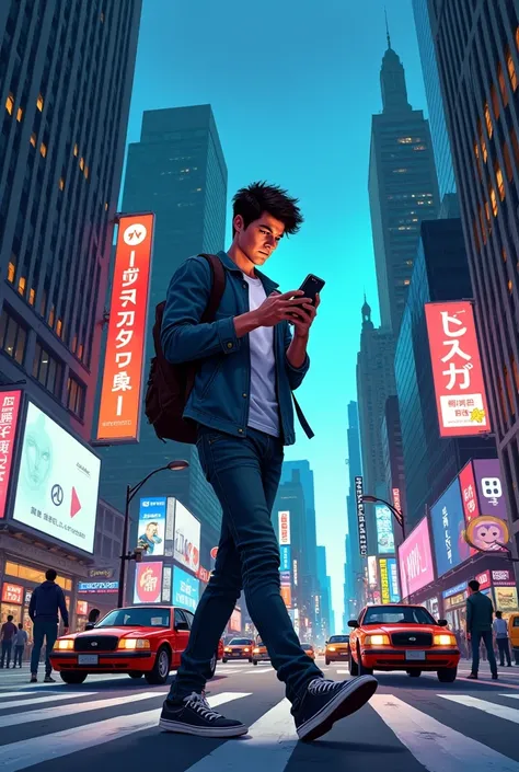 a  looking down his phone while walking crossing a road dc universe style illustration