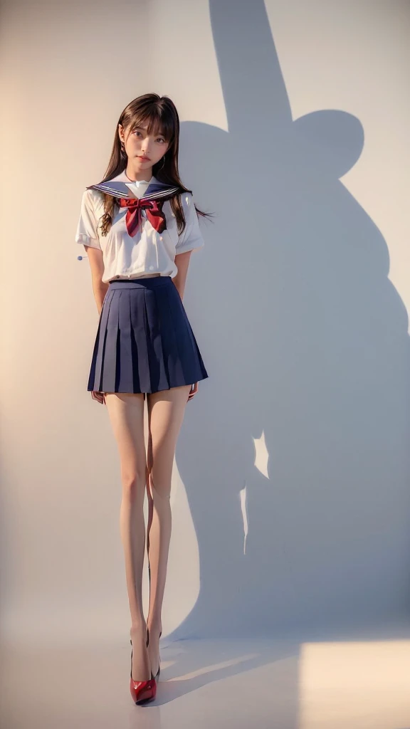 Outdoor Shot、((Vision:  blue sky、、white or parentheses (( The girl stands in the center of the cobblestone road 、 behind the girl there is a straight path leading in a straight line towards a distant mountain、 street trees and cars on both sides of the roa...