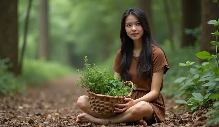 The image shows a young woman sitting on the ground in a forest. She is wearing a brown dress and has long dark hair. The woman is holding a woven basket filled with green plants and leaves. The ground is covered in fallen leaves and there are trees and bu...