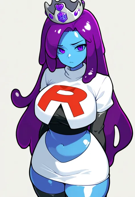 masterpiece, best quality, 1girl, solo, looking at viewer, queenslime, long hair, crown, colored skin, slime girl, large breasts, curvy, purple hair, team rocket,team rocket uniform,white skirt,red letter R,crop top,black thigh-highs,black elbow gloves, co...