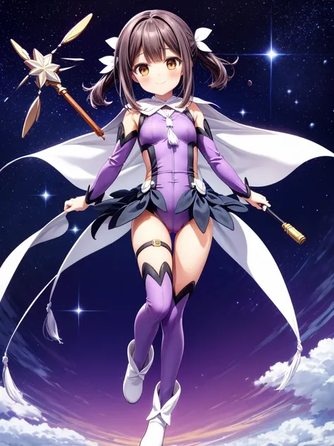 one girl, Miyu Edelfelt, Prisma Illya, cute face, thin and tall, smile, brown eyes, black short hair, short twin tails, ribbons, magical girl, purple leotard, purple detached sleeves, purple thigh highs, thigh strap, white boots, white footwear, white cape...