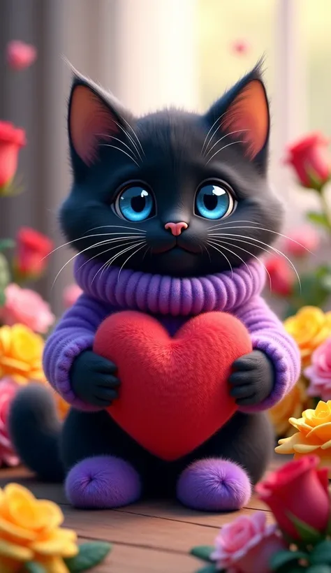 black fluffy cat with blue eyes sits on yellow, pink, red roses, wears a purple fluffy sweater, and purple slippers and holds a red big fluffy heart