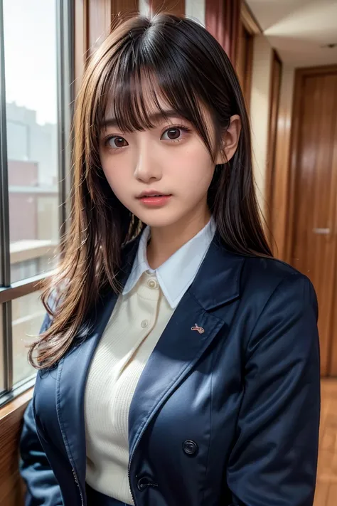 ( highest quality, 8k, 32K,  Masterpiece,  ultra high resolution:1.2),  , (Big Breasts:1.4),  photorealistic. 18-year-old Japanese high school girl, bright brown long hair, wearing a jacket over her school uniform. She has the world’s largest bust and almo...