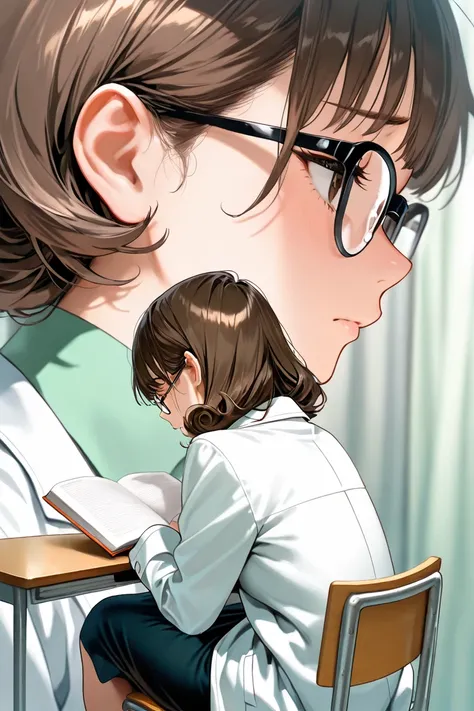 masterpiece,best quality,(1 woman,30 years old, Pudgy Body,The school nurse,black tight skirt, green Shirt,white coat),dark brown hair, short wave hair,,(black-rimmed glasses), upper body,sad,(extreme close up face),High school infirmary,Sit on the chair,l...