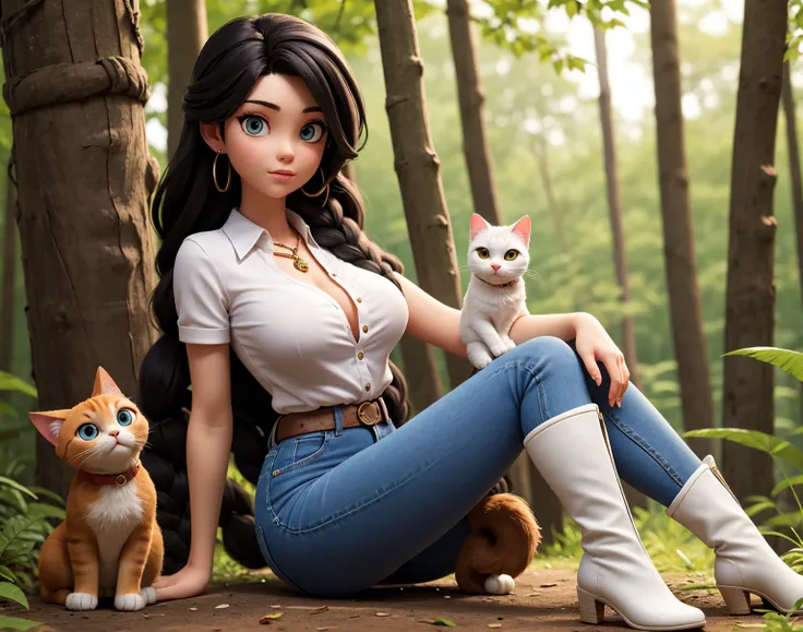 Young woman perfect figure big bust tight ass, long curly black hair with a high braid,tight jeans with white overknee boots and half-open blouse sitting in the forest with her cat