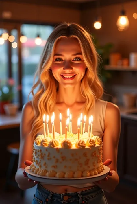 A blonde girl celebrating her 27 birthday holding a beautiful cake 