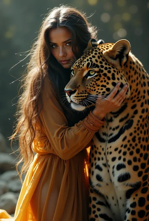  beautiful woman with long hair in transparent clothes, hugging a big leopard ,  very detailed,  photorealistic , 8 k,  award-winning digital art ,  dramatic lighting ,  bright colors ,  intricate textures , dynamic pose,   intense look  , amazing composit...